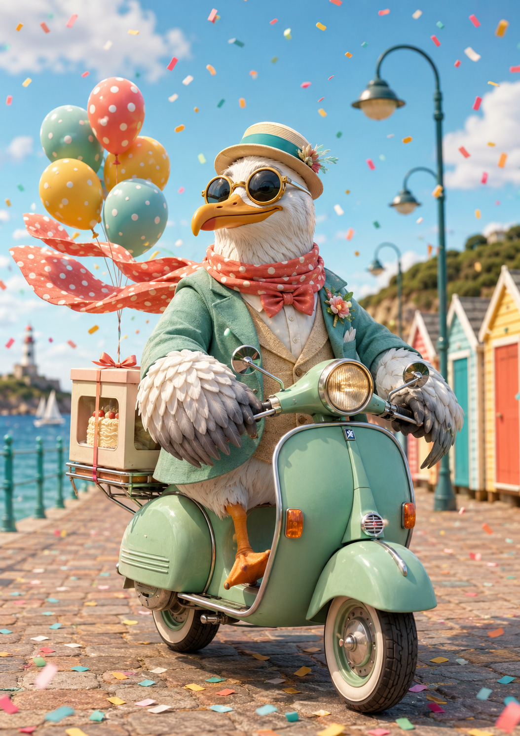 Smartly dressed seagull riding a mint-green vintage scooter along a colourful seaside promenade with balloons, confetti and a