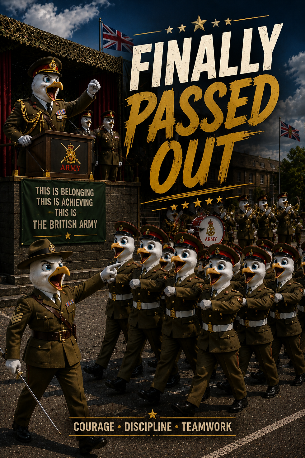 Funny British Army passing out parade card featuring polished soldiers graduating from military basic training with humorous
