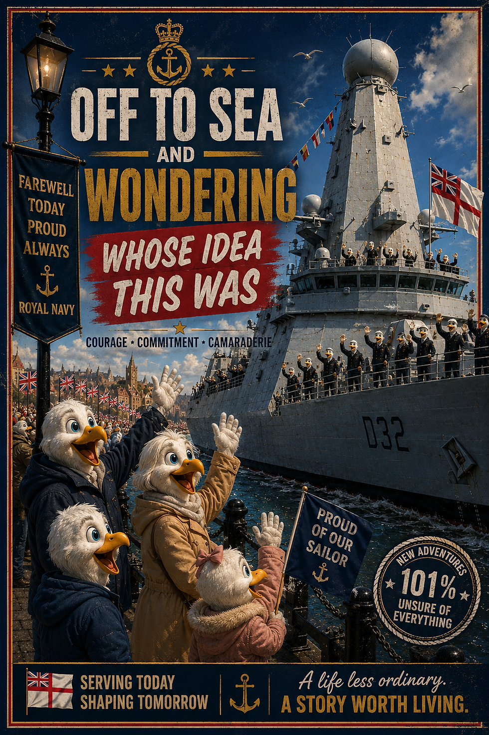 Funny Royal Navy deployment card featuring sailors aboard a warship during overseas deployment with humorous naval artwork.
