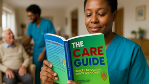 A lady care worker reading a copy of The Care Guide