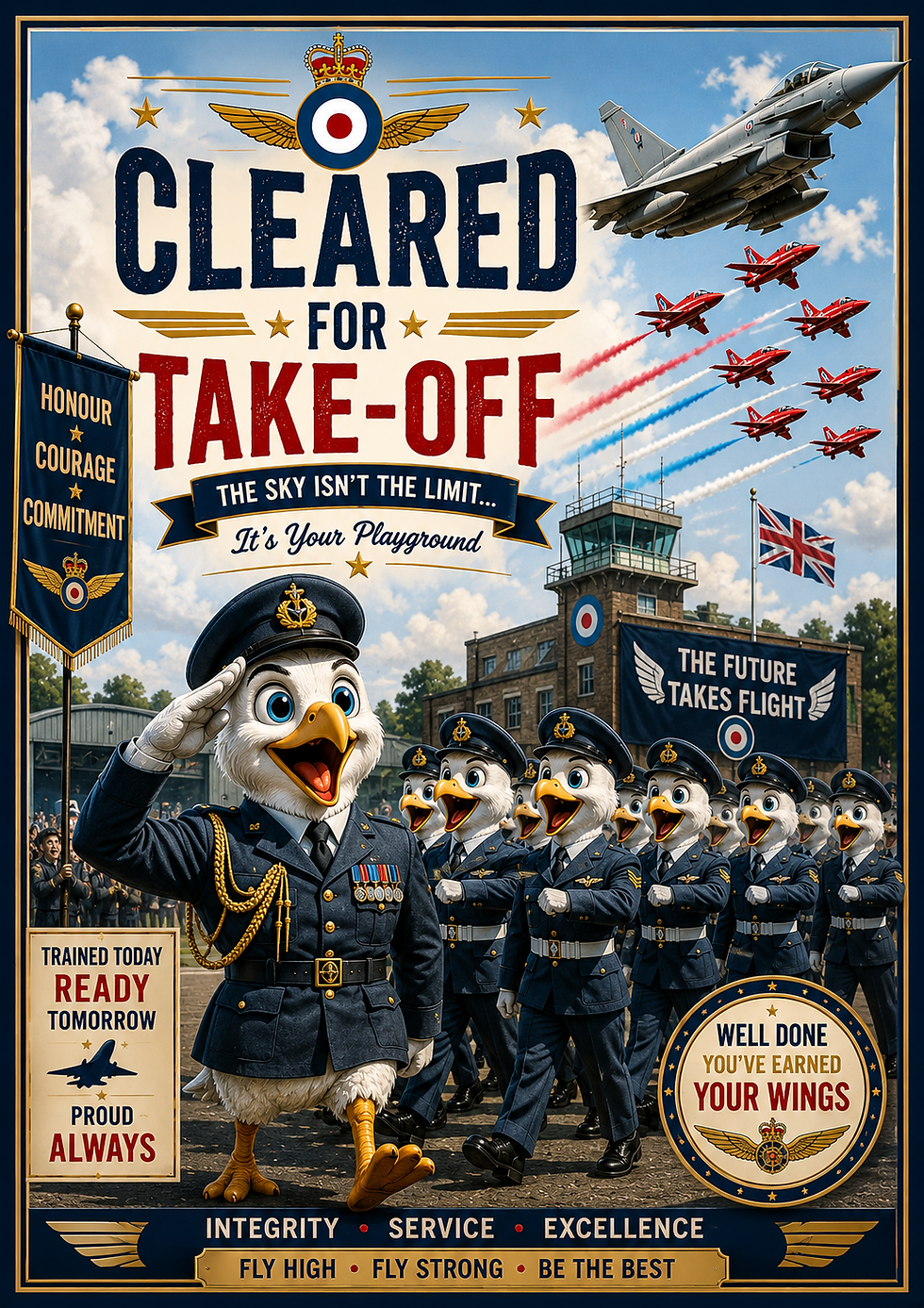 Funny RAF passing out parade card featuring Royal Air Force graduates with aviation-themed humorous military artwork.