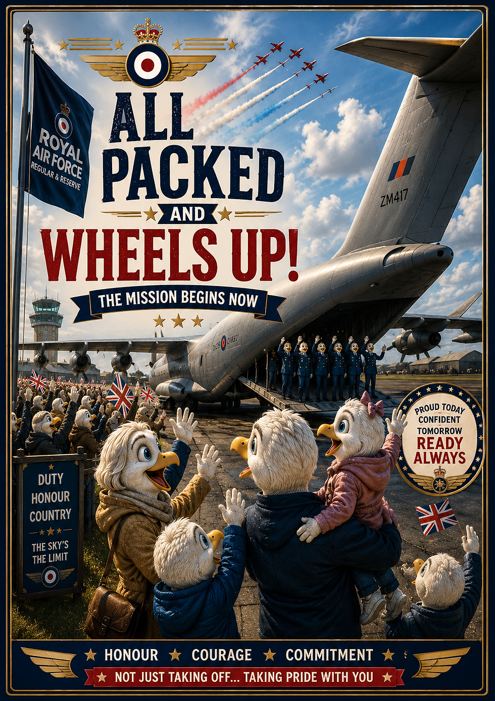 Funny RAF deployment card featuring Royal Air Force personnel travelling overseas with humorous aviation-themed military artw