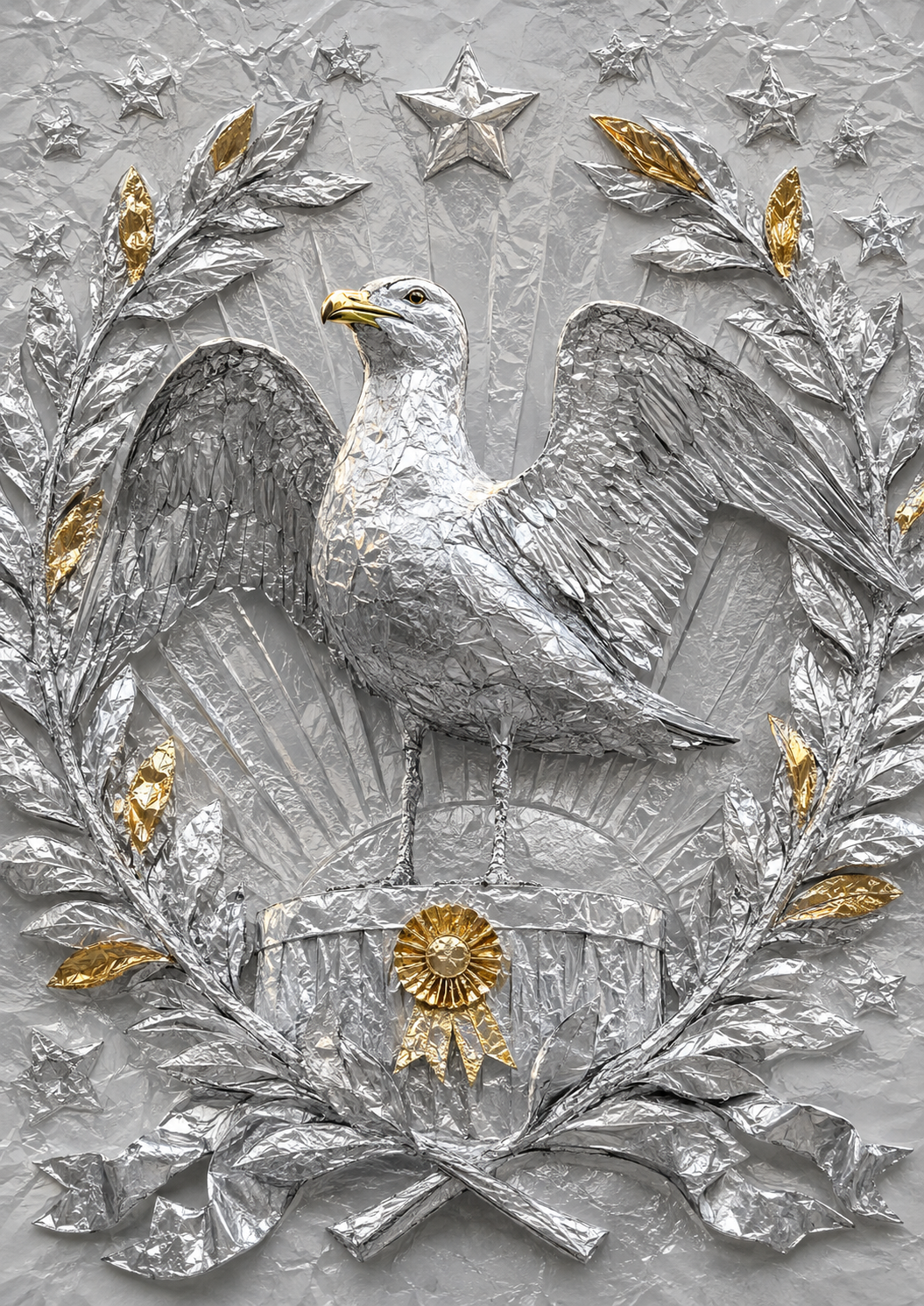Embossed silver foil seagull with spread wings, gold laurel leaves, stars and a gold rosette in a richly textured award desig