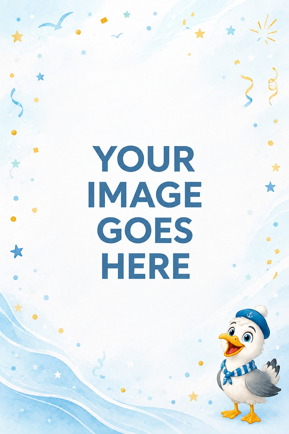 Light blue Singing Seagulls card template with a soft seaside background, confetti and stars, large central text saying “Your