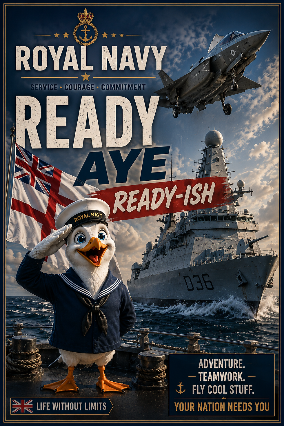 Funny Royal Navy joining card featuring optimistic naval recruits beginning military life with humorous Navy-themed artwork.