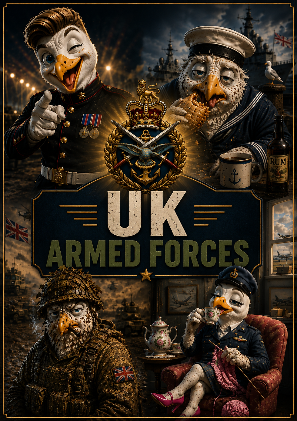 Funny UK Armed Forces card featuring Army, Royal Navy, RAF, Royal Marines and SAS military rivalry in humorous artwork.