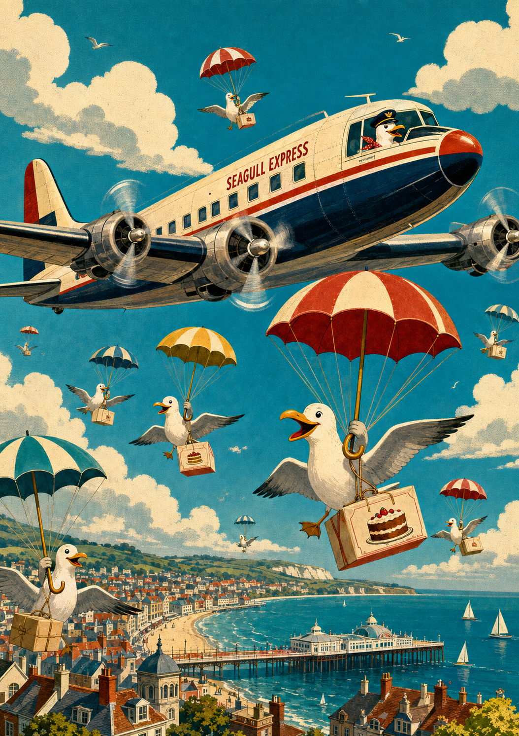 Vintage travel-poster illustration of the Seagull Express aircraft flying above a seaside town while seagulls parachute down