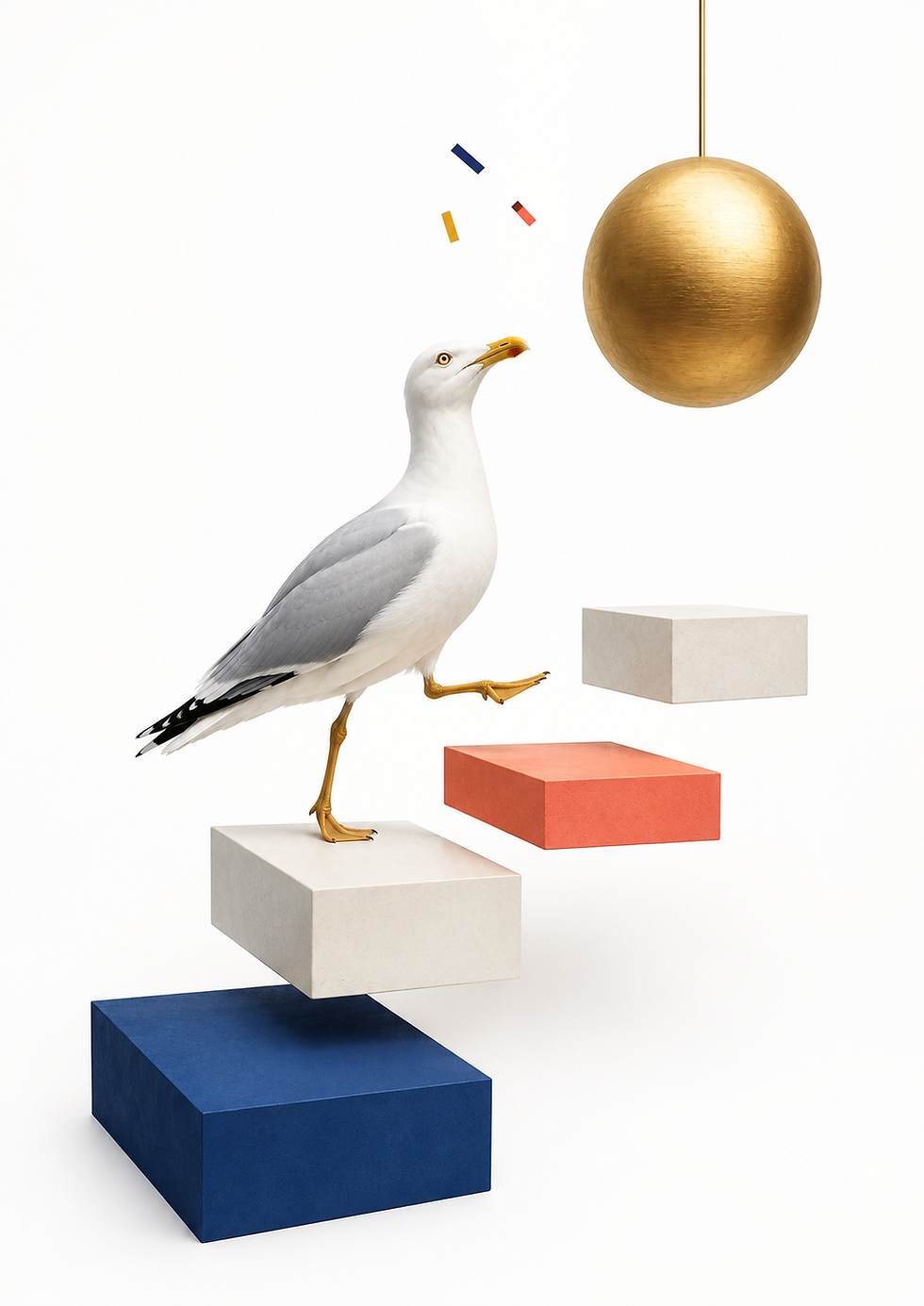 Minimalist seagull stepping across bold blue, white and coral geometric blocks towards a suspended gold sphere on a clean whi