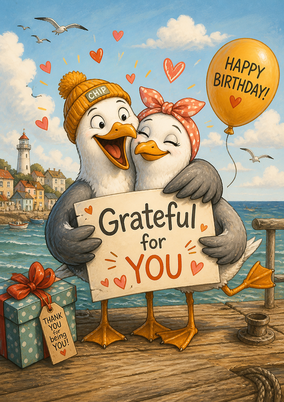 Birthday card - grateful for you - Singing Seagulls