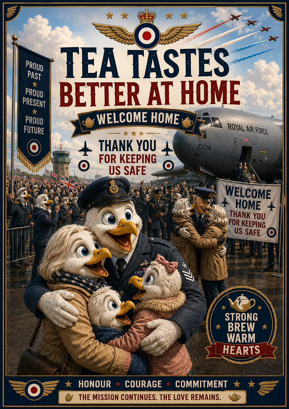 Funny RAF homecoming card featuring returning Royal Air Force personnel adjusting to civilian life with humorous artwork.