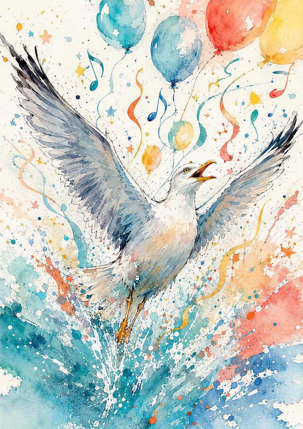 Expressive watercolour seagull soaring through splashes of turquoise, coral and yellow paint with balloons, ribbons, stars an