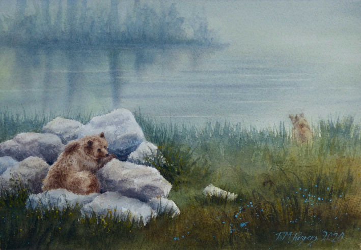 Two bears, misty lake