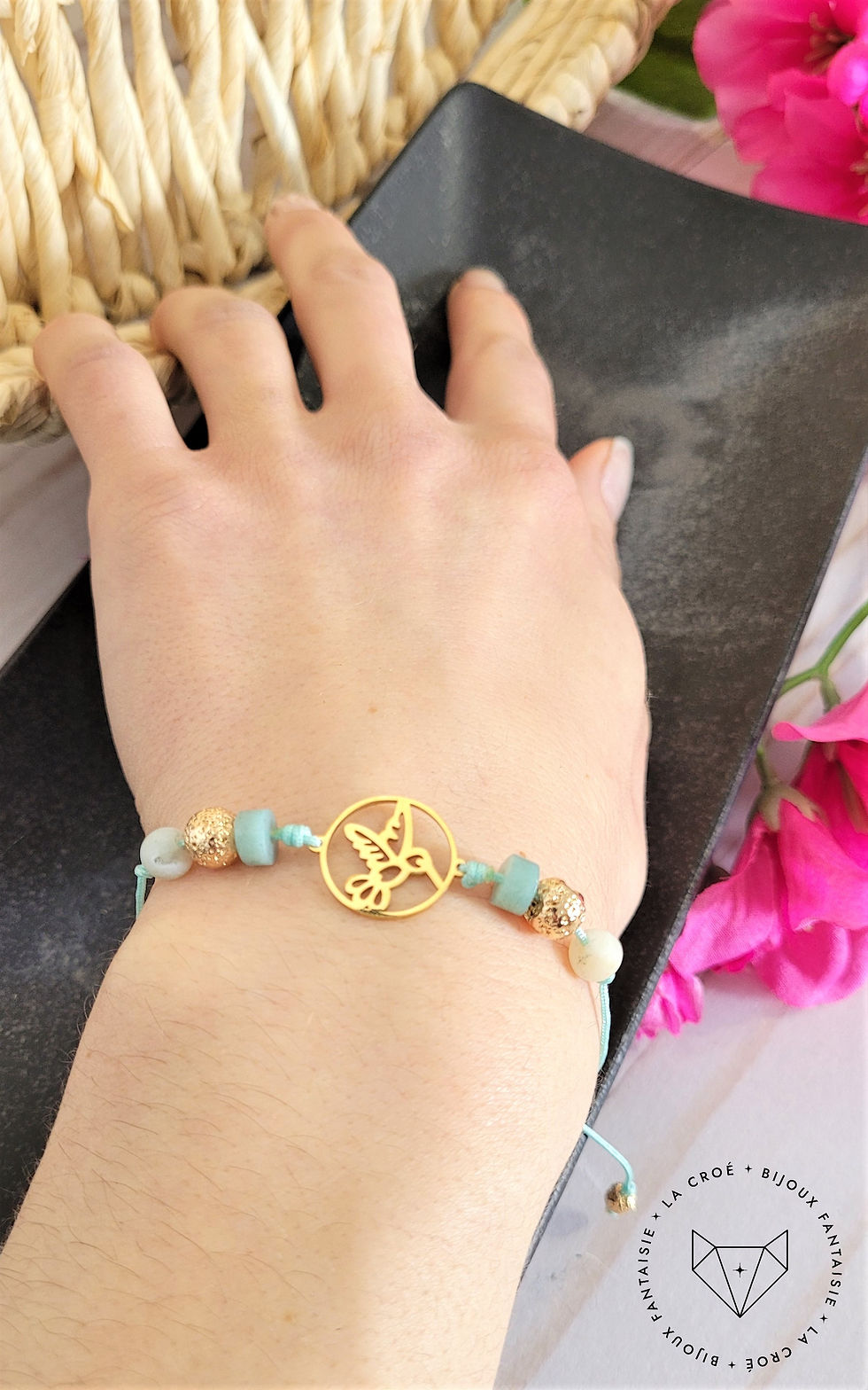 bracelet réglable avec motif colibri en acier inoxydable doré