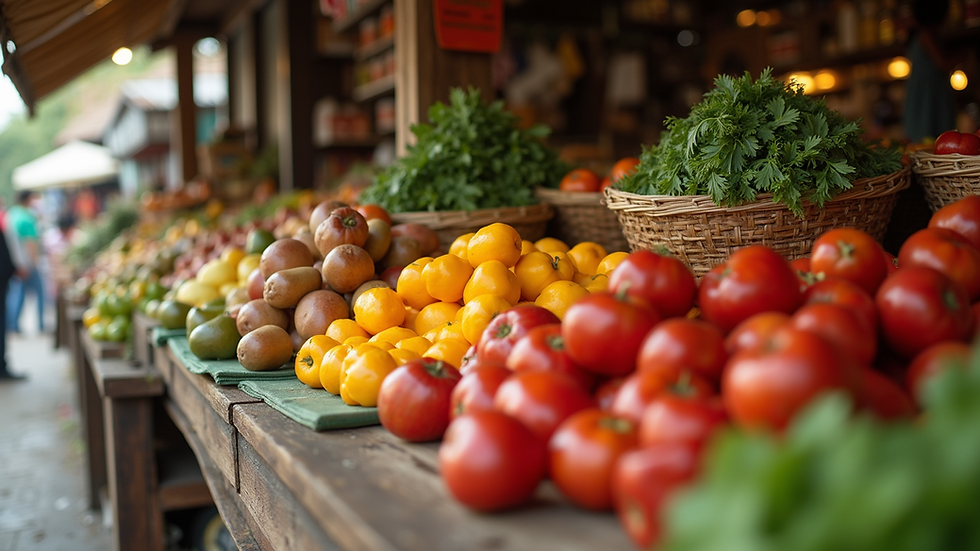 Eye-level view of a rustic market stall filled with colorful fruits and vegetables