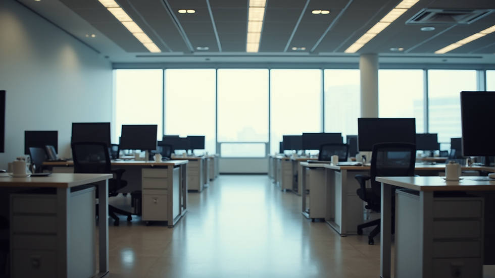 High angle view of a commercial office space with desks and chairs