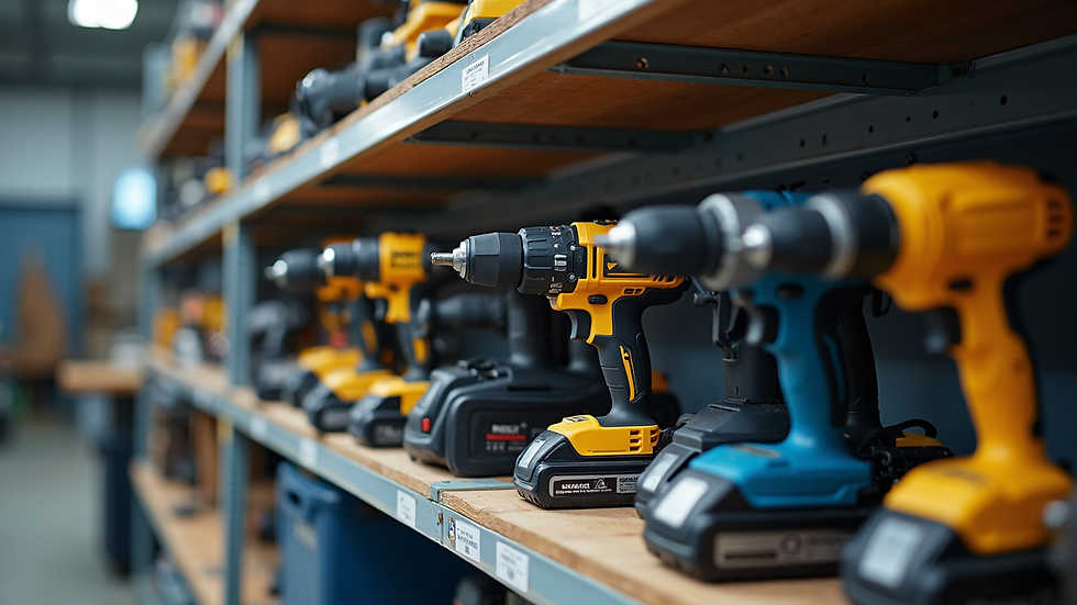 Close-up view of a shelf with various power tools neatly arranged