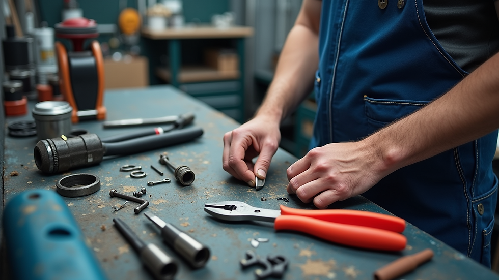 High angle view of a workbench with tools and replacement parts