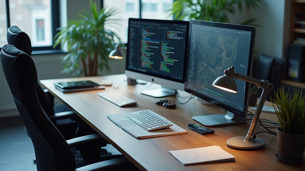 High angle view of a modern office workspace with computer screens and notes