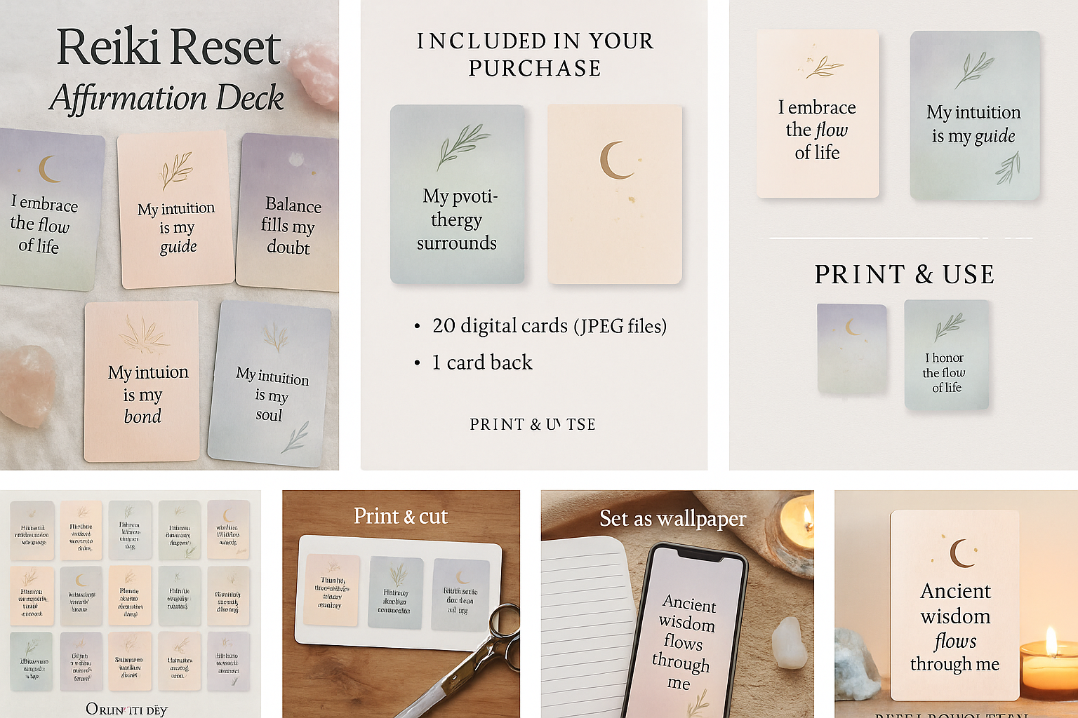 Premium-Reiki Reset Affirmation Deck – Spiritual Digital Download – Canva Editab