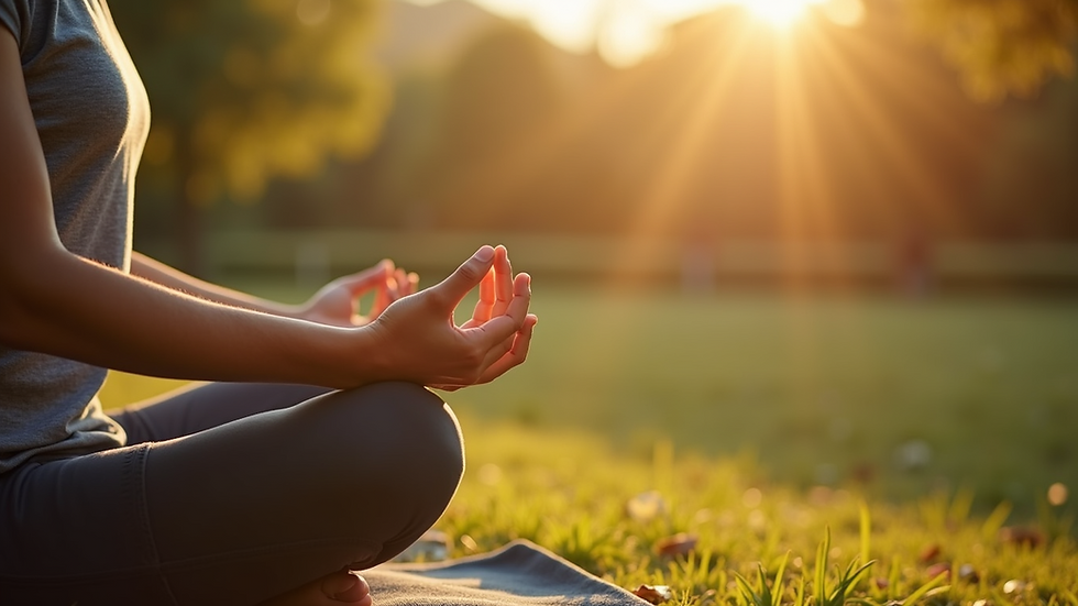 Close-up view of a person meditating in a serene outdoor setting