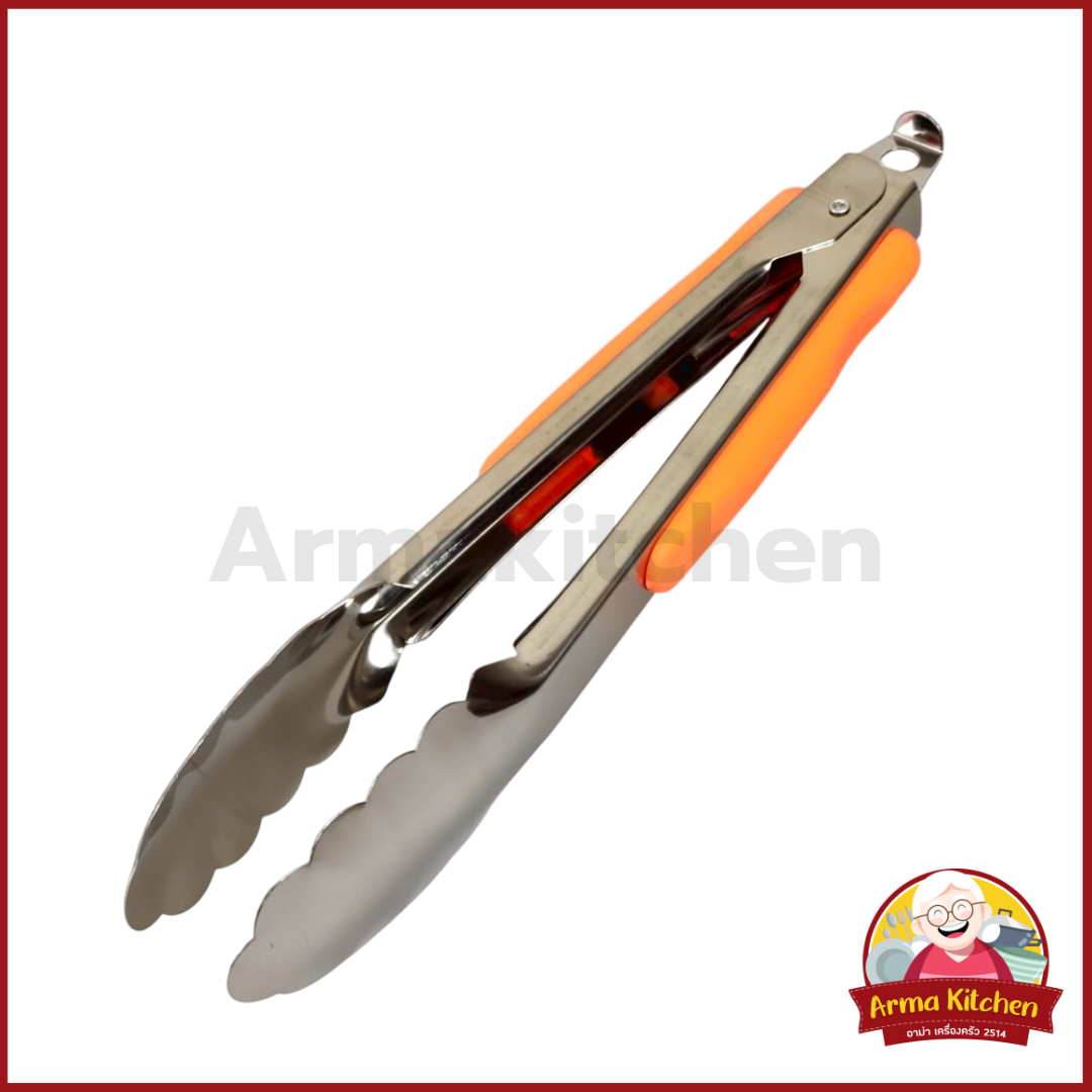 ทีคีบสลัดของทอด ด้ามส้ม 9 นิ้ว ขนาดเล็ก มีตัวล็อค สแตนเลส ตราสมอ