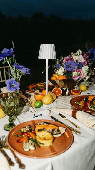 Table setting with plated dinner for Santa Fe wedding styled shoot.