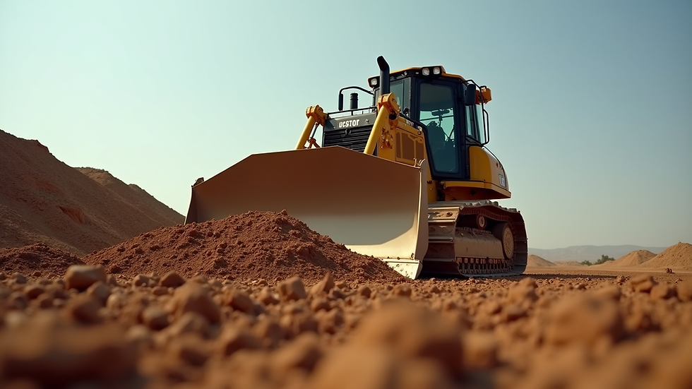 Eye-level view of a bulldozer leveling soil on a construction site