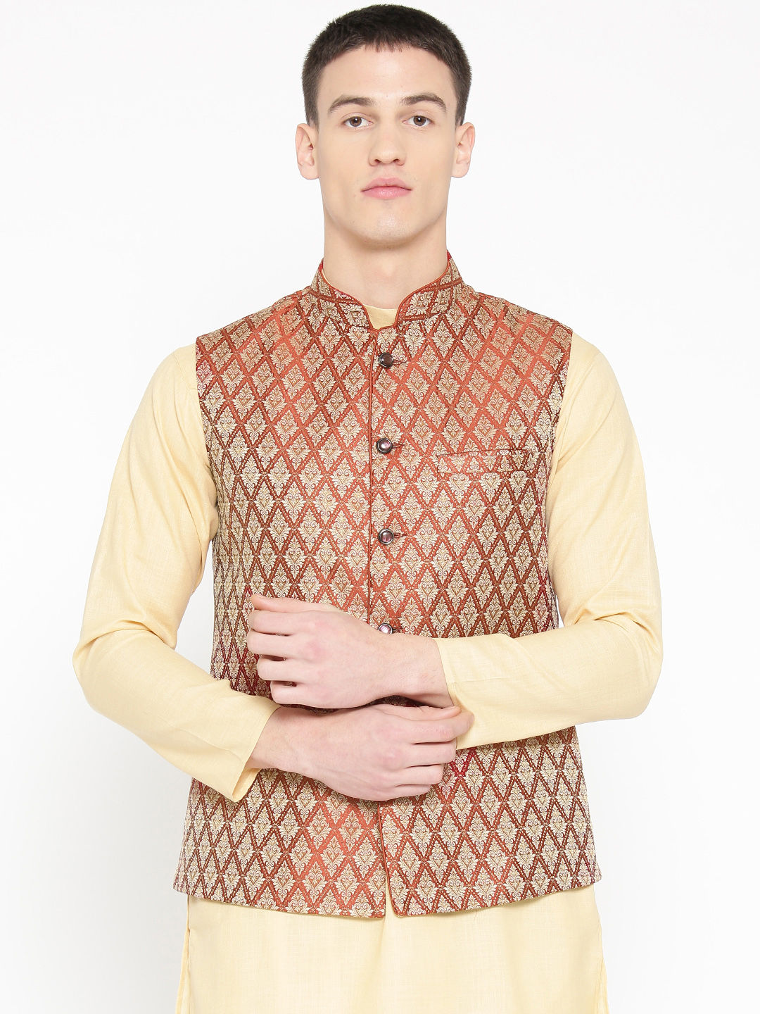 Men Red & Golden Zari Woven Design Nehru Jacket