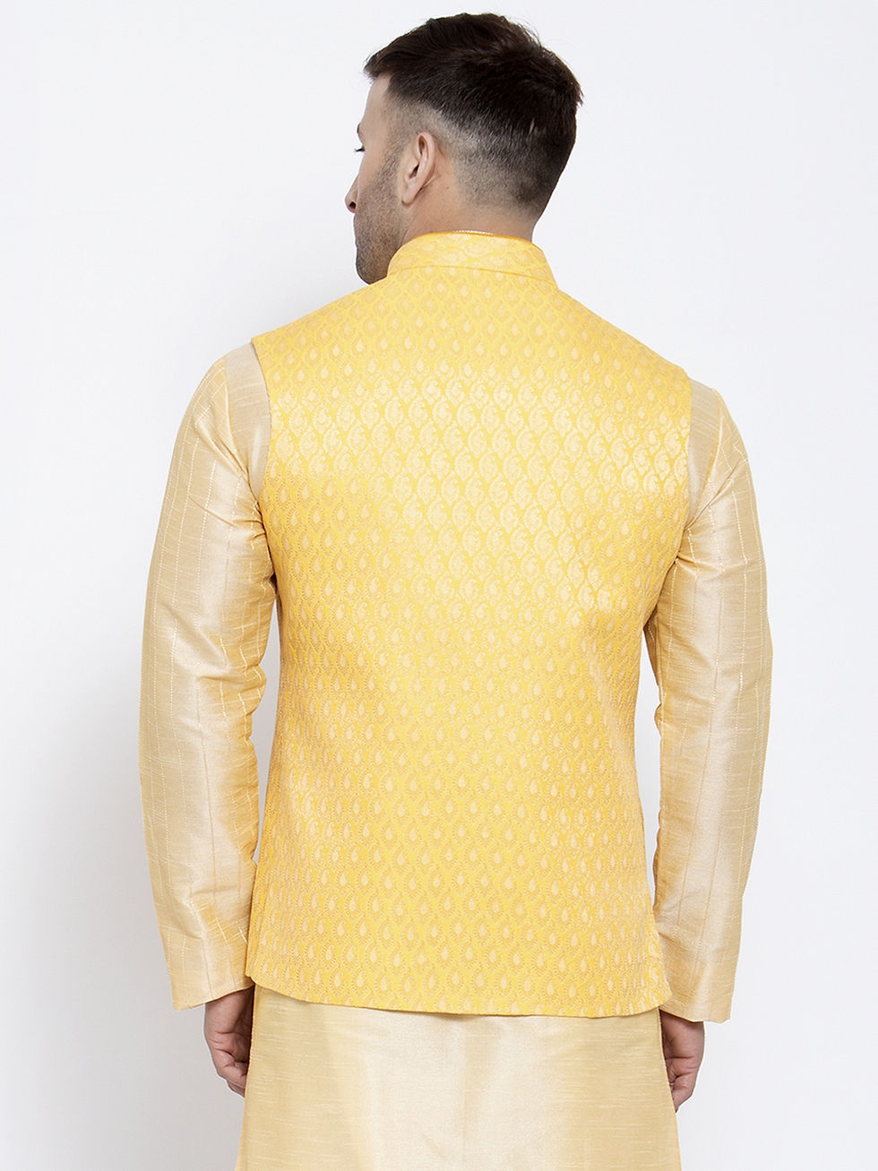 Thumbnail: Men's Yellow Zari Woven Design Nehru Jacket