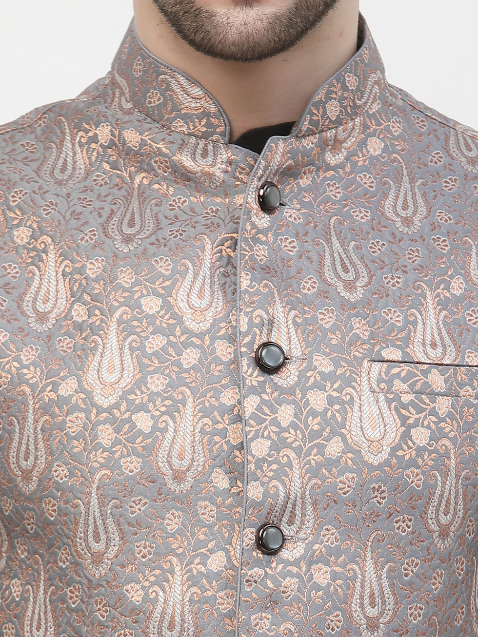 Thumbnail: Badoliya & Sons Men Light Grey Zari Woven Design Nehru Jacket