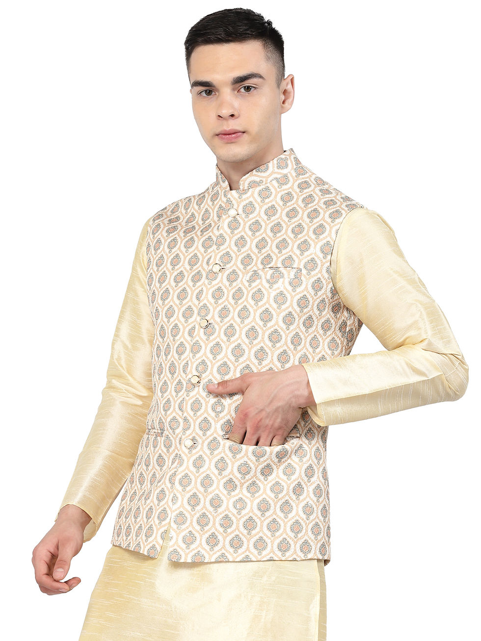 Thumbnail: Light Cream Zari Woven Design Nehru Jacket