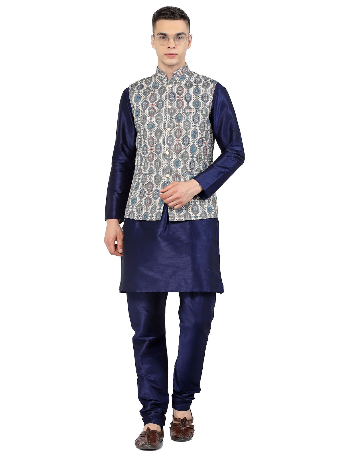 Blue Zari Woven Design Nehru Jacket