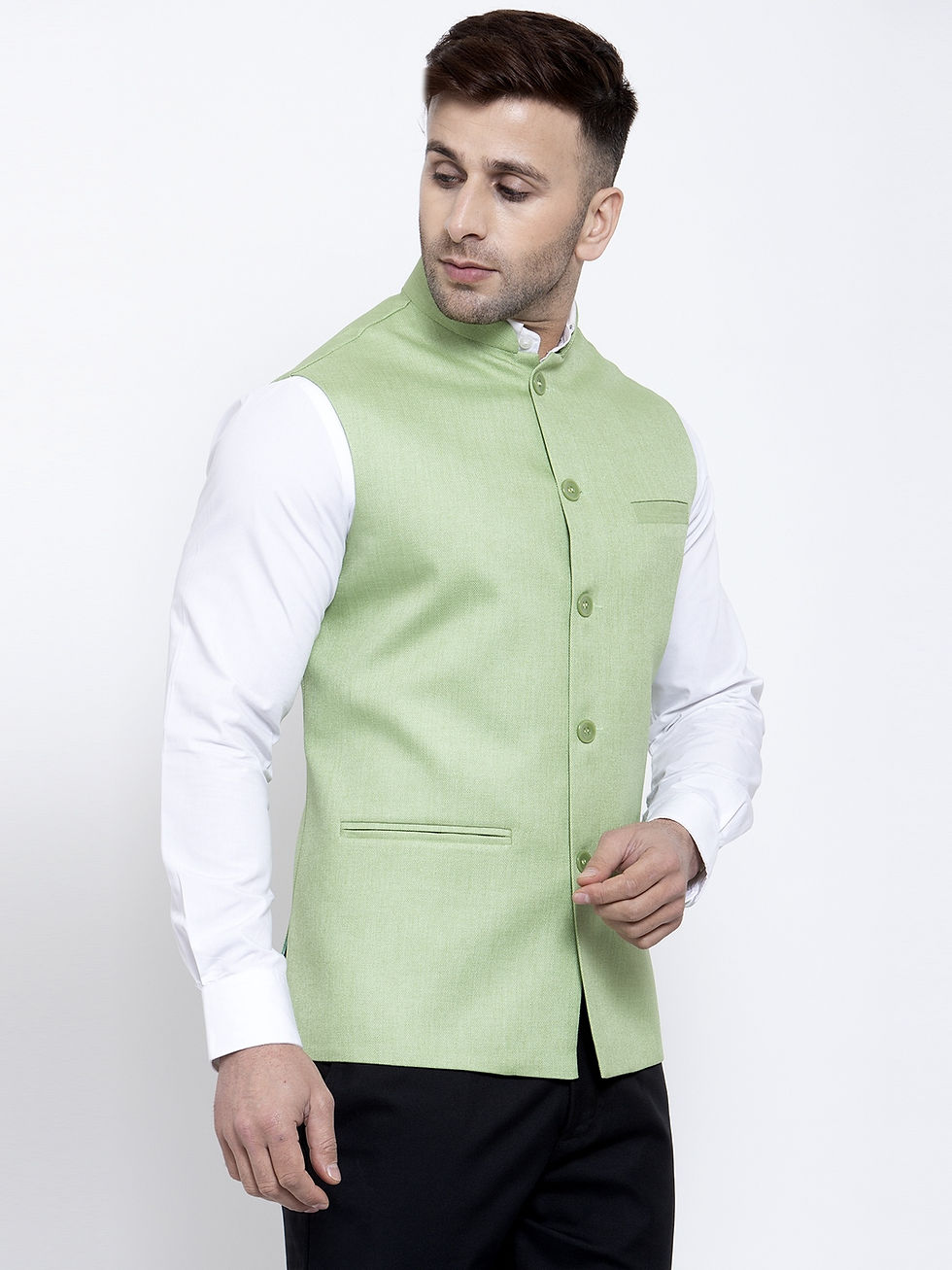 Thumbnail: Light Green Jute Design Nehru Jacket