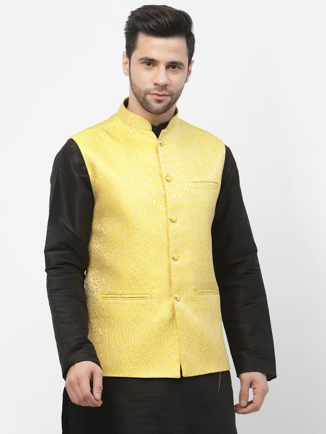 Badoliya & Sons Men Yellow Gold Zari Woven Design Nehru Jacket