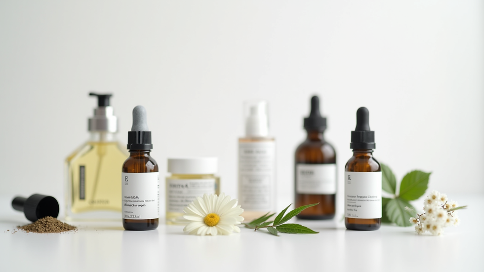 Eye-level view of various CBD products on a white background