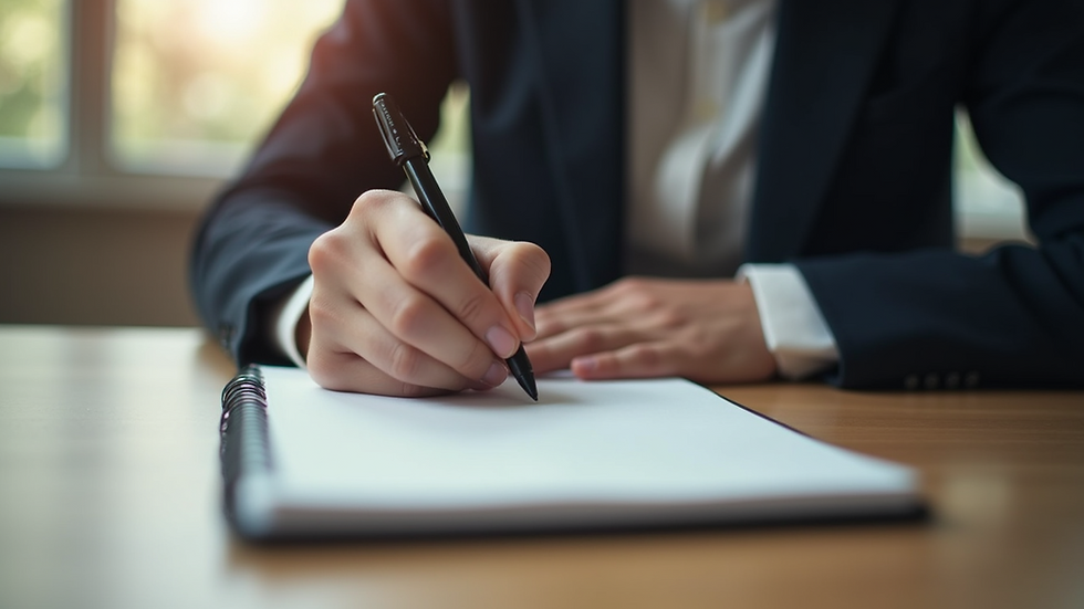 Close-up view of a person writing notes in a notebook