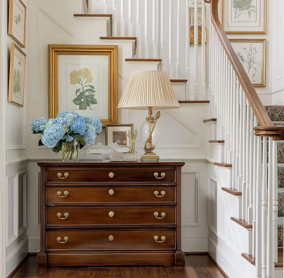 Traditional wood console cabinet in the entryway foyer. 