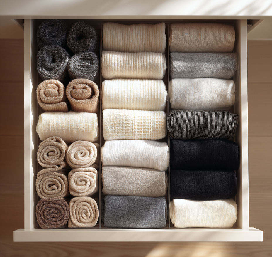 neutral tone sweaters rolled up in an organized drawer