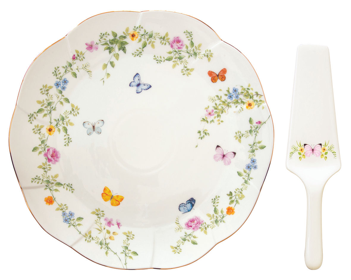 Pozzi Porcelain Cake Serving Set 32 cm in color box DANCING BUTTERFLIES