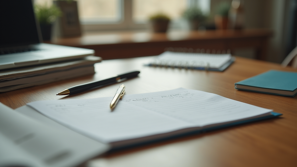 Close-up view of a variety of stationery items on a wooden desk