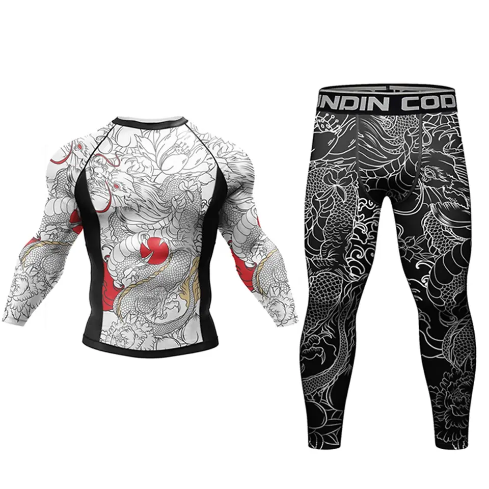 Thumbnail: Men's Jiu Jitsu Kimono Rashguard MMA T-shirt+Shorts Compression T-shirts+Pant Sp