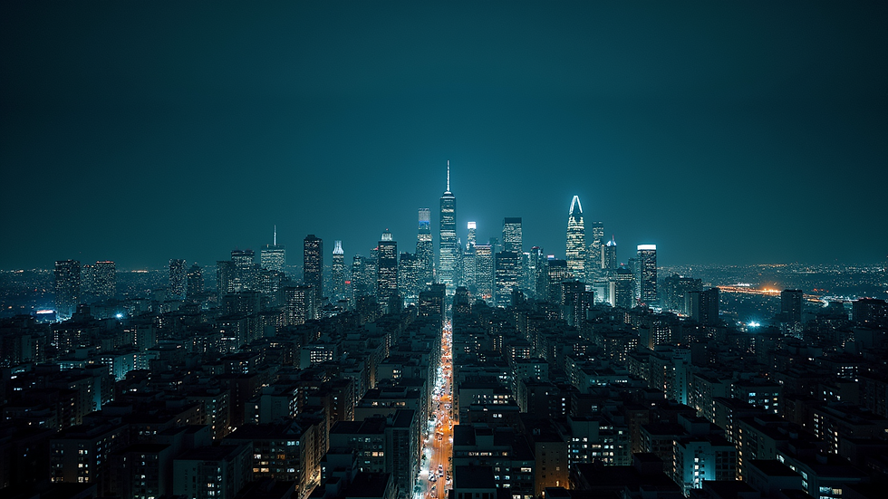 High-angle view of a city skyline at night