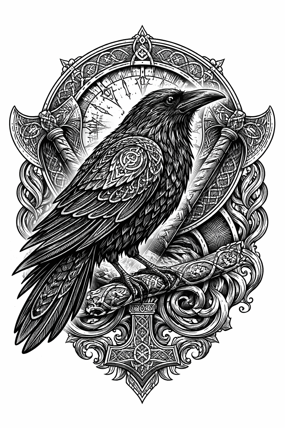 A detailed black and white illustration of a raven with ornate patterns, perched on a branch, surrounded by intricate Viking-inspired designs.