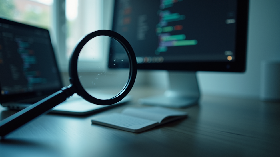 Eye-level view of a computer with a magnifying glass on the screen