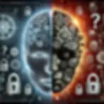 Illustration conceptuelle de la cybersécurité et de la certification. Une tête humaine divisée en deux parties : à gauche, un cerveau numérique bleu avec des circuits et des symboles technologiques ; à droite, un cerveau mécanique avec des rouages et une ambiance rouge/orange. Des cadenas, des codes binaires et des points d’interrogation symbolisent la sécurité et la réflexion stratégique autour de la certification en cybersécurité.