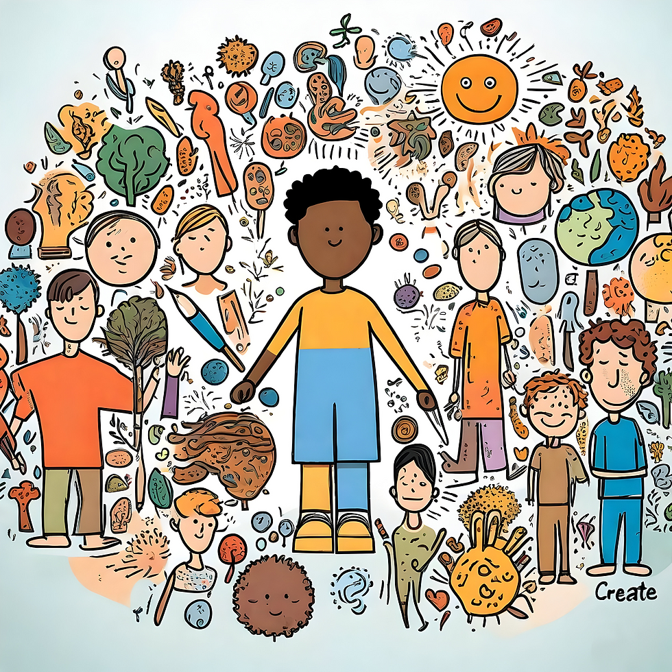 Celebrating Diversity: A colorful illustration of diverse individuals surrounded by symbols of creativity and nature, highlighting unity and joy.