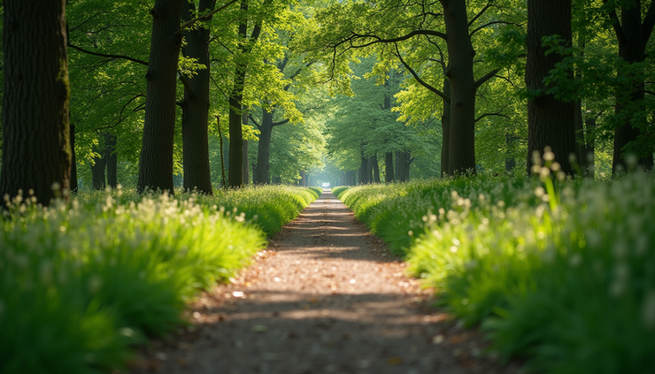 Eye-level view of a peaceful nature trail surrounded by trees