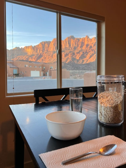 most relaxing views in moab as seen from the window of Moab Adventure Condo. Great location to watch the colors light up the rocks of Moab Rim.