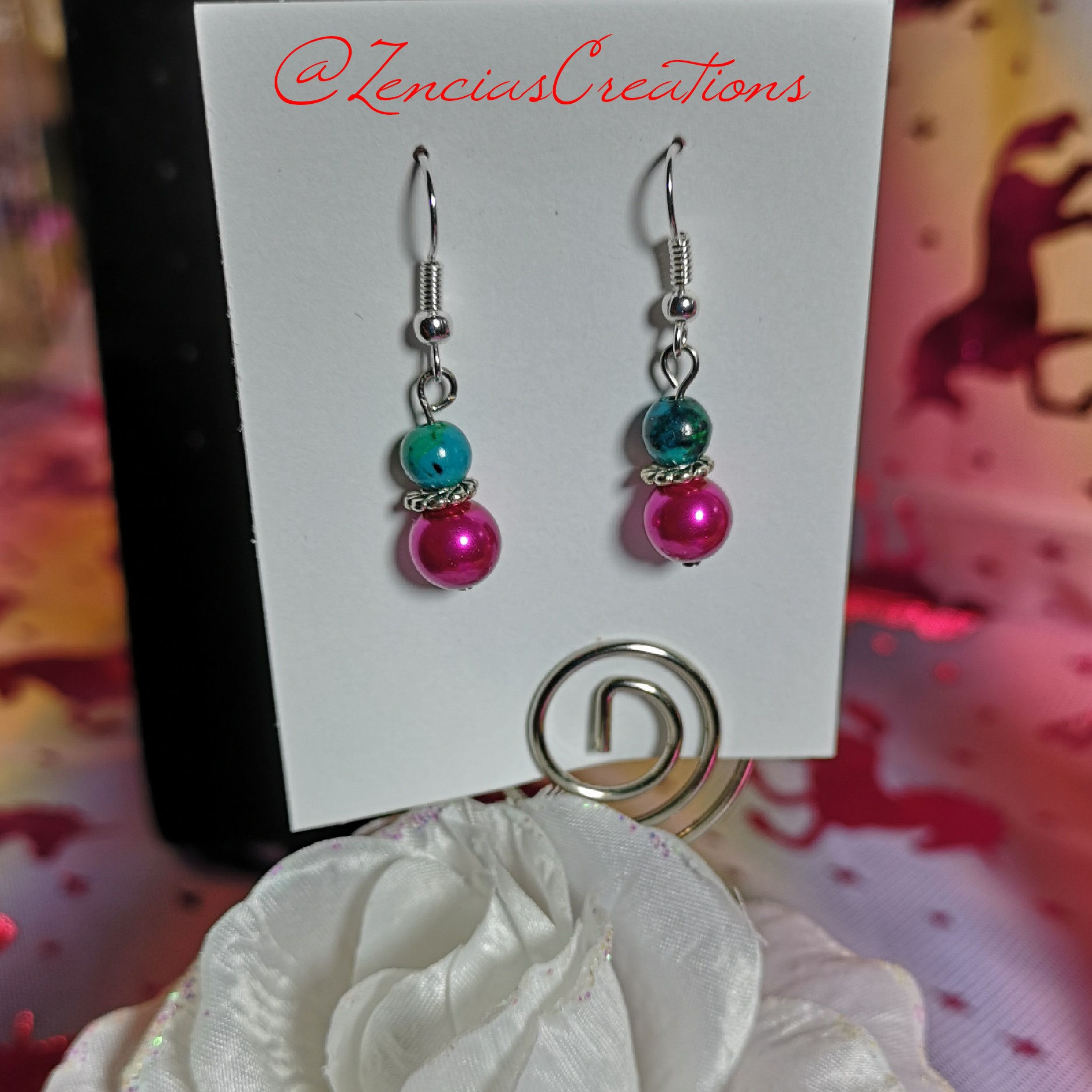 Pink and Green Glass Beads Titanium Dangle Earrings