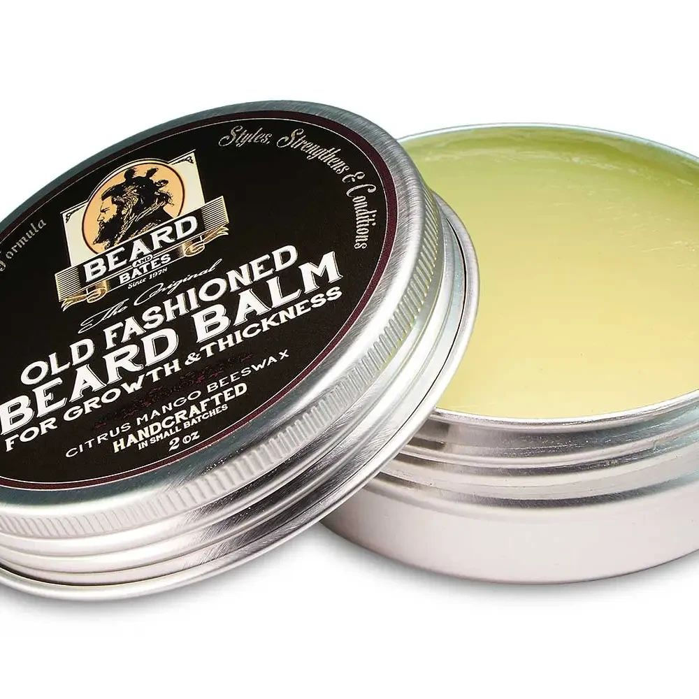 Open Old Fashioned Beard Balm for growth and thickness, men's grooming product by Beard & Bates.